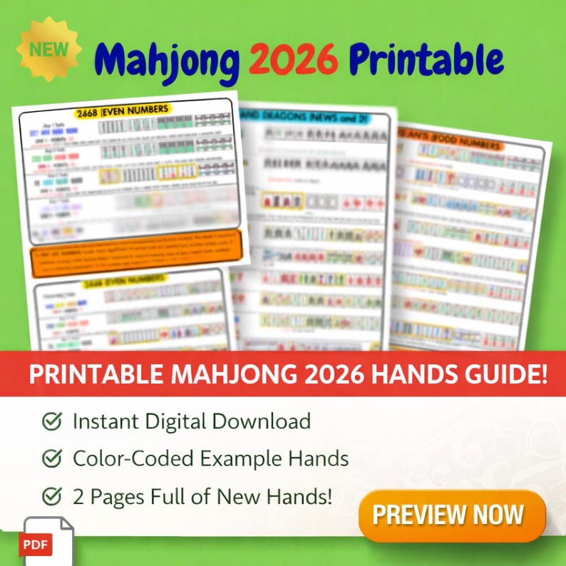 Puede incluir: Una gu&iacute;a imprimible de manos de Mahjong 2026 con el texto "Mahjong 2026 Printable" en azul y rojo. La gu&iacute;a incluye ejemplos de manos codificados por colores y est&aacute; disponible como descarga digital instant&aacute;nea. La gu&iacute;a tiene 2 p&aacute;ginas de manos nuevas.
