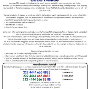 Puede incluir: Una gu&iacute;a titulada "C&oacute;mo entender las manos de 2026" para el Mah Jongg americano. El texto explica la estrategia, las reglas y c&oacute;mo leer la carta. Incluye ejemplos de combinaciones de colores y unidades, con instrucciones detalladas.
