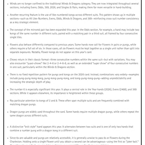 Puede incluir: Texto sobre fondo blanco que detalla los temas estructurales del juego de cartas 2026, incluyendo secuencias alternas, integraci&oacute;n de Vientos y pares espejados. Discute Flores, chows y la importancia del n&uacute;mero 6. Tambi&eacute;n se mencionan pungs de drag&oacute;n y manos de estilo tejido.