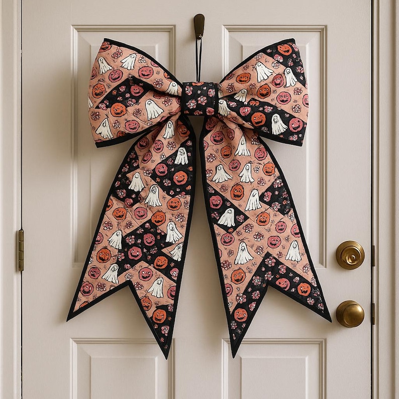 May include: A large Halloween-themed bow decoration hanging on a white door. The bow features a repeating pattern of ghosts and jack-o'-lanterns on a peach background, with black accents and trim. The bow is a festive decoration for the holiday.