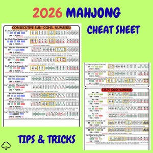 以下が含まれることがあります： カラフルなテキストで「2026 Mahjong Cheat Sheet」と題された麻雀チートシート。連続ランと奇数のためのヒントとコツを、例と説明とともに提供しています。背景は明るい緑色です。
