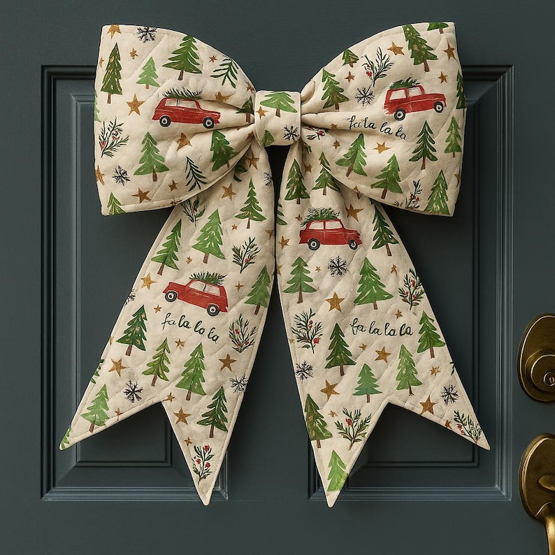 May include: A large, quilted Christmas bow with a cream background. The bow features a repeating pattern of green Christmas trees, red cars carrying trees, gold stars, and the text "fa la la la." The bow is hanging on a teal door.
