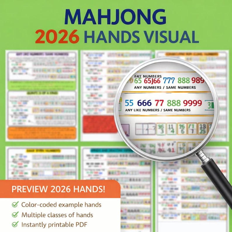 Puede incluir: Gu&iacute;a visual de manos de Mahjong 2026. La imagen presenta el texto "MAHJONG 2026 HANDS VISUAL". Una lupa resalta ejemplos de manos con n&uacute;meros. La secci&oacute;n de vista previa enumera manos codificadas por colores, m&uacute;ltiples clases y PDF imprimible al instante.