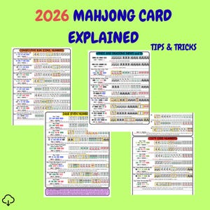 May include: A green background with multiple white cards detailing Mahjong hands. The cards have text that reads "2026 Mahjong Card Explained" and "Tips & Tricks". The cards show different combinations of numbers and suits.
