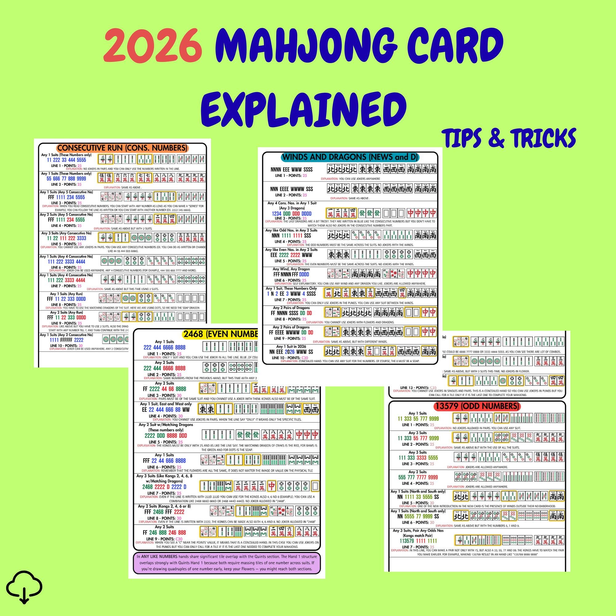 Mahjong Card.pdf 2026 Mahjong Cheat Sheet, American Mahjong Hands Guide, Printable NMJL ...