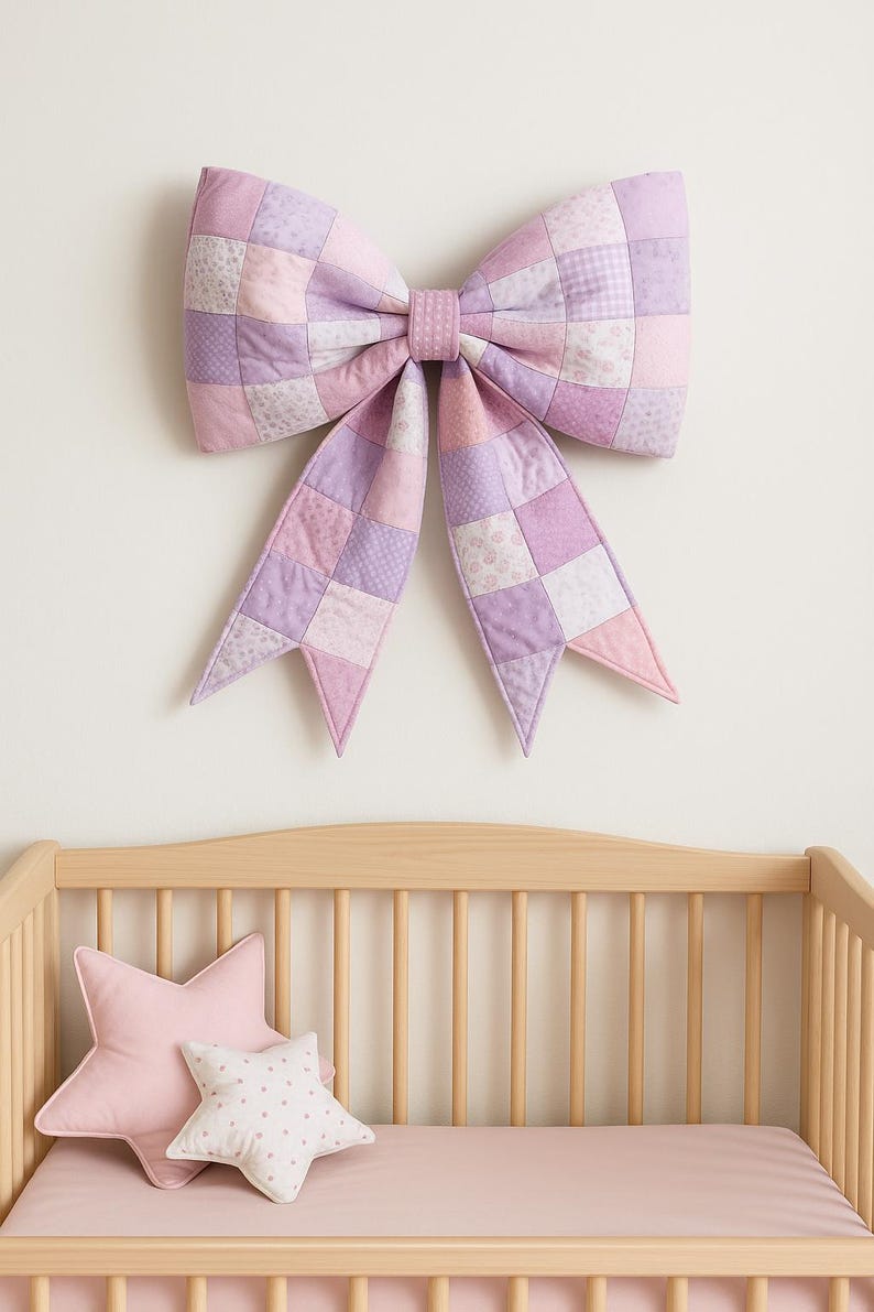 May include: A large, quilted bow in shades of lavender, pink, and white hangs above a wooden crib. The bow is made of patchwork squares. Two star-shaped pillows rest on the crib's pink sheet.