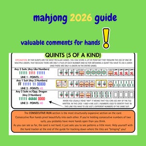 Puede incluir: Una gu&iacute;a verde para mahjong 2026, con el texto "mahjong 2026 guide" y "valuable comments for hands". La gu&iacute;a explica "QUINTS (5 OF A KIND)" con ejemplos de manos y valores de puntos. Incluye una explicaci&oacute;n de la secci&oacute;n "CONSECUTIVE RUN".