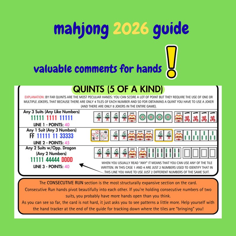 Puede incluir: Una gu&iacute;a verde para mahjong 2026, con el texto "mahjong 2026 guide" y "valuable comments for hands". La gu&iacute;a explica "QUINTS (5 OF A KIND)" con ejemplos de manos y valores de puntos. Incluye una explicaci&oacute;n de la secci&oacute;n "CONSECUTIVE RUN".
