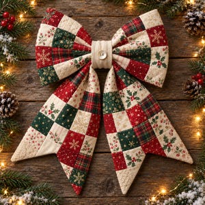 May include: A quilted fabric bow featuring a patchwork design of red, dark green, and cream squares. The pattern includes holly berries, leaves, and gold snowflakes. A cream-colored center band is secured with a single white button.