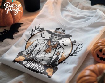 Halloween T-Shirt Design, Cowboy Skull PNG, Western Vintage Halloween Skeleton Art.