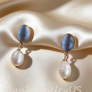 Oval Blue Cat's Eye Freshwater Pearl Earrings, Silver Tone Beaded Edge Dangles, Gold Tone Oval Gem Earrings, Wedding Earrings, Bride Jewelry