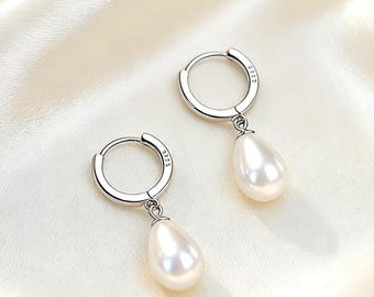 Perlen Hoop Ohrringe, Französische Zierliche Perlen Tropfen Ohrringe, Silber Huggie Baumeln Ohrringe, Hochzeitsschmuck, Braut Ohrringe, Geschenke für Sie