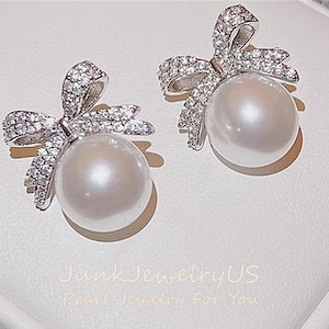 Pendientes de botón con lazo de perlas, pendientes de perlas con diamantes de imitación, pendientes de botón plateados para novias, joyería para damas de honor, joyería dorada para bodas