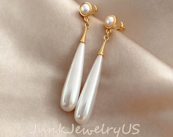 Classic Teardrop Long Pearl Drop Earrings, Vintage Dangle Earrings, Wedding Pearl Stud Earrings, Bridal Pearl Earrings, Minimalist Jewelry