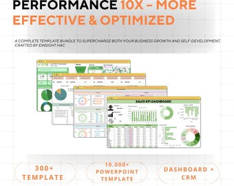 Puede incluir: Imagen promocional para un paquete de plantillas de negocios. El texto dice "BOOST YOUR BUSINESS PERFORMANCE 10X - MORE EFFECTIVE & OPTIMIZED." Incluye plantillas, una plantilla de PowerPoint y un panel con funciones CRM.
