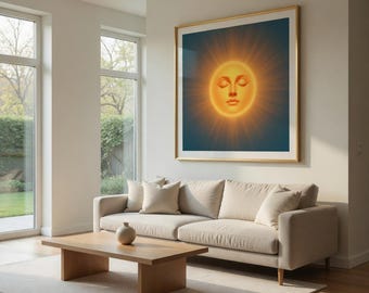 Poster verticale opaco con volto di sole dormiente / Decorazione murale celeste, stile boho