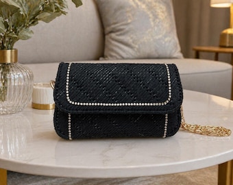 Handmade Black Macrame Clutch Bag with Gold Chain | Elegant Evening Purse | Wedding & Party Mini Bag