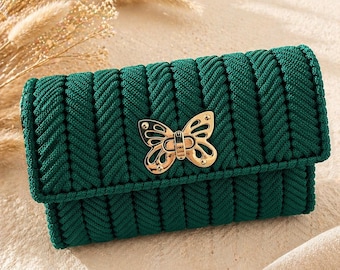 Handmade Green Braided Clutch Bag with Butterfly Clasp – Elegant Small Evening Purse, Woven Cord Handbag, Gift for Her