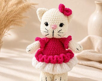 Handmade Crochet Cat Doll in Dress – Cute Amigurumi Kitten Plush Toy, Soft Stuffed Animal Gift, Pink & Ecru Nursery Decor, 26 cm
