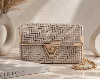 Handwoven Beige Clutch Bag, Elegant Bridal & Wedding Guest Purse, Everyday Neutral Handbag, Handmade Evening Clutch, Luxury Gift for Her
