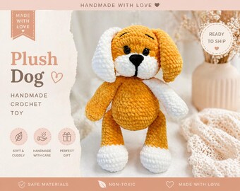 Handmade Crochet Dog Plush Toy – Amigurumi Puppy 25 cm, Soft Stuffed Animal, Baby Shower Gift, Nursery Decor, Cute Handmade Dog