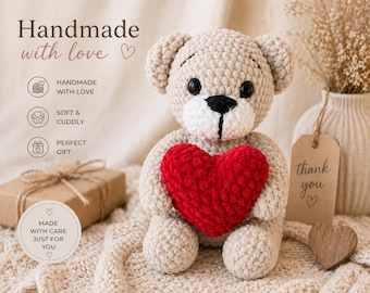 Handmade Beige Crochet Teddy Bear with Heart – Plush Amigurumi Toy 23 cm, Valentine Gift, Soft Stuffed Bear, Baby Shower Gift