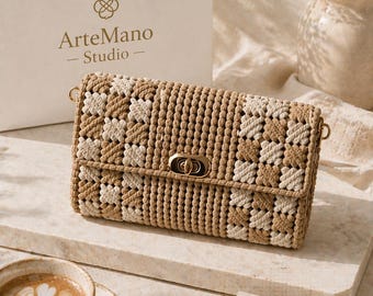 Beige Woven Clutch Bag, Handmade Macrame Purse, Boho Crossbody Bag, Neutral Evening Bag, Small Shoulder Bag, Gift for Her