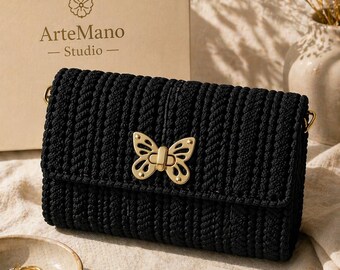 Black Macrame Clutch Bag, Handmade Woven Purse, Small Shoulder Crossbody Bag, Gold Butterfly Clasp, Elegant Evening Handbag