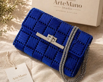 Royal Blue Woven Clutch Bag, Handmade Macrame Purse, Small Shoulder Bag with Chain, Evening Bag, Wedding Guest Purse, Statement Handbag