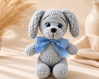 Handmade Crochet Puppy Plush, Amigurumi Dog, Stuffed Animal, Baby Shower Gift, Soft Plush Toy, Nursery Decor, Puppy with Blue Bow