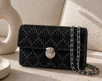 Black Woven Clutch Bag, Elegant Evening Clutch Purse, Bridal Clutch, Wedding Guest Bag, Minimalist Handbag, Formal Evening Bag, Gift for Her