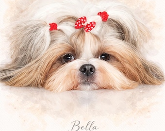 May include: A watercolor-style portrait of a Shih Tzu dog with long, flowing fur in shades of white, brown, and tan. The dog has red bows in its hair and the name "Bella" is written below.