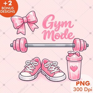Puede incluir: Ilustración rosa con elementos de fitness. Incluye una barra con pesas, zapatillas deportivas, una botella mezcladora con un corazón y un lazo. Las palabras "Gym Mode" están escritas en rosa. La imagen también incluye el texto "PNG 300 Dpi".