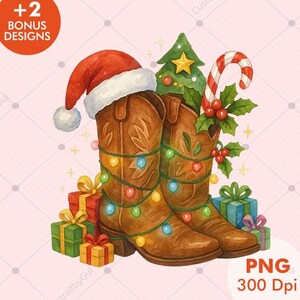 May include: Watercolor illustration of brown cowboy boots decorated for Christmas. A Santa hat rests on one boot, with a candy cane, Christmas tree, and wrapped gifts. The image includes the text "+2 BONUS DESIGNS" and "PNG 300 Dpi".