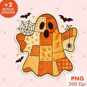 以下が含まれることがあります： オレンジ、茶色、黄色のパッチワークゴーストのイラスト。クモ、コウモリ、クモの巣が描かれています。「+2 BONUS DESIGNS」と「PNG 300 Dpi」の文字も含まれています。