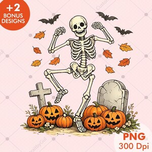 Dancing Skeleton Halloween PNG | Spooky Skull with Pumpkins & Bats | Cute Graveyard Fall Clipart | Trick or Treat Shirt Design