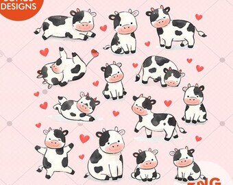 Cute Cow PNG Bundle | Kawaii Cow Clipart Set with Hearts | Baby Farm Animal Cartoon Sublimation Sticker PNG Pack