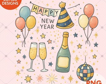 Happy New Year PNG Clipart Set | Party Elements Balloons Champagne Disco Ball
