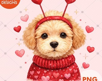 Valentine Puppy PNG | Dog with Heart Antenna Headband | Love Dog Clipart