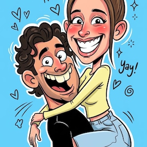 May include: A cartoon image of a couple hugging, set against a light blue background. The woman wears a yellow top and blue jeans, while the man is in a black shirt. Text bubbles say "Aha!" and "Yay!" with hearts and stars.