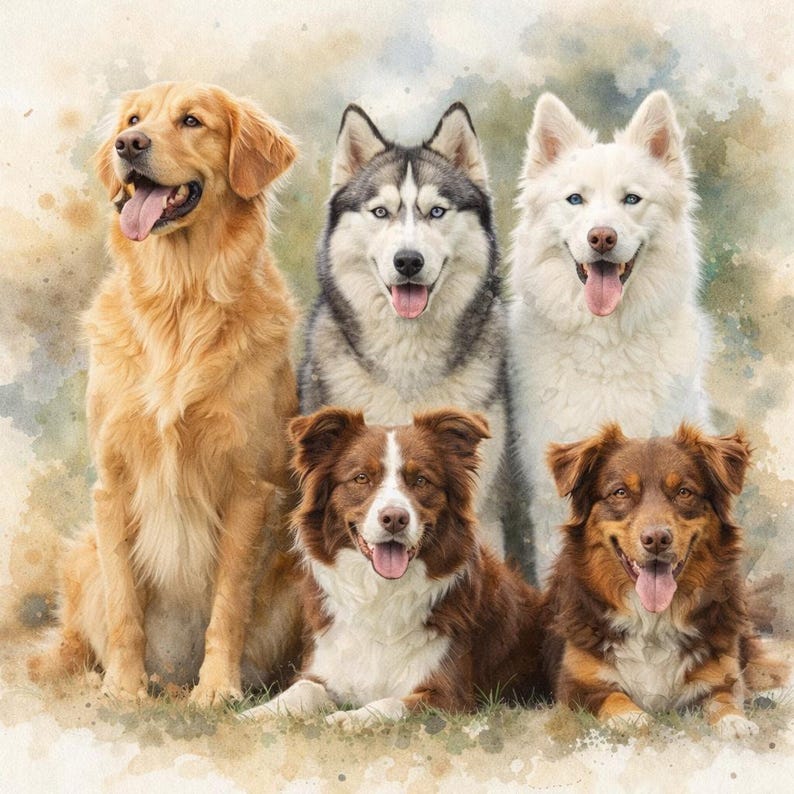 Personalized watercolor pet group artwork featuring custom dog and cat family portraits created from customer photos. Multi pet wall art digital illustration in soft realistic watercolor style with neutral textured background. Includes dog groups, cat family portraits, pet with owner artwork, baby and pet illustration, large breed dog portrait and multi subject printable pet wall decor designed as high resolution digital download.
