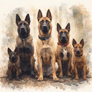 May include: A watercolour painting featuring five Belgian Malinois dogs, each with a focused expression. The dogs are in shades of brown and tan, with black muzzles and ears. They wear collars of different colours, including green, blue, and red.