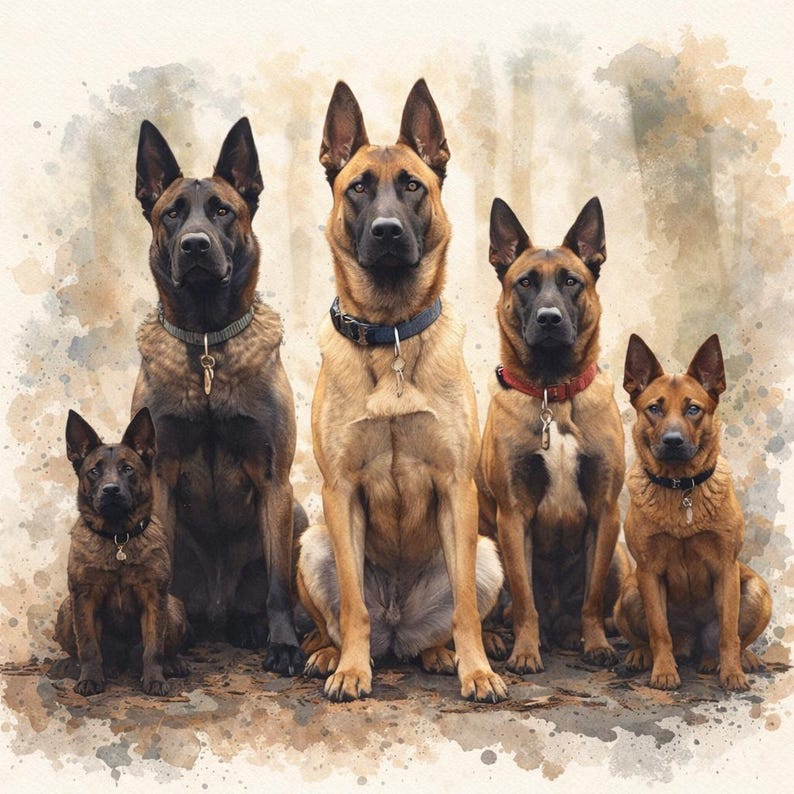 May include: A watercolour painting featuring five Belgian Malinois dogs, each with a focused expression. The dogs are in shades of brown and tan, with black muzzles and ears. They wear collars of different colours, including green, blue, and red.