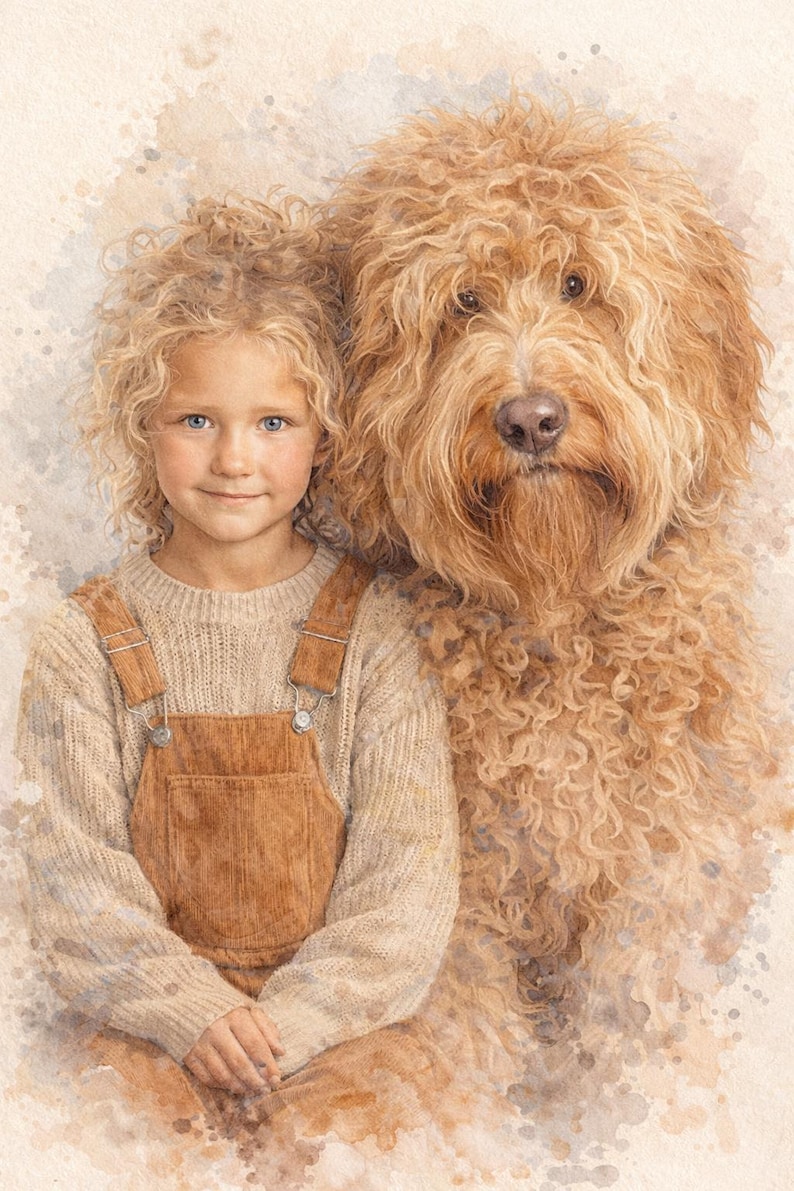 Personalized watercolor pet group artwork featuring custom dog and cat family portraits created from customer photos. Multi pet wall art digital illustration in soft realistic watercolor style with neutral textured background. Includes dog groups, cat family portraits, pet with owner artwork, baby and pet illustration, large breed dog portrait and multi subject printable pet wall decor designed as high resolution digital download.