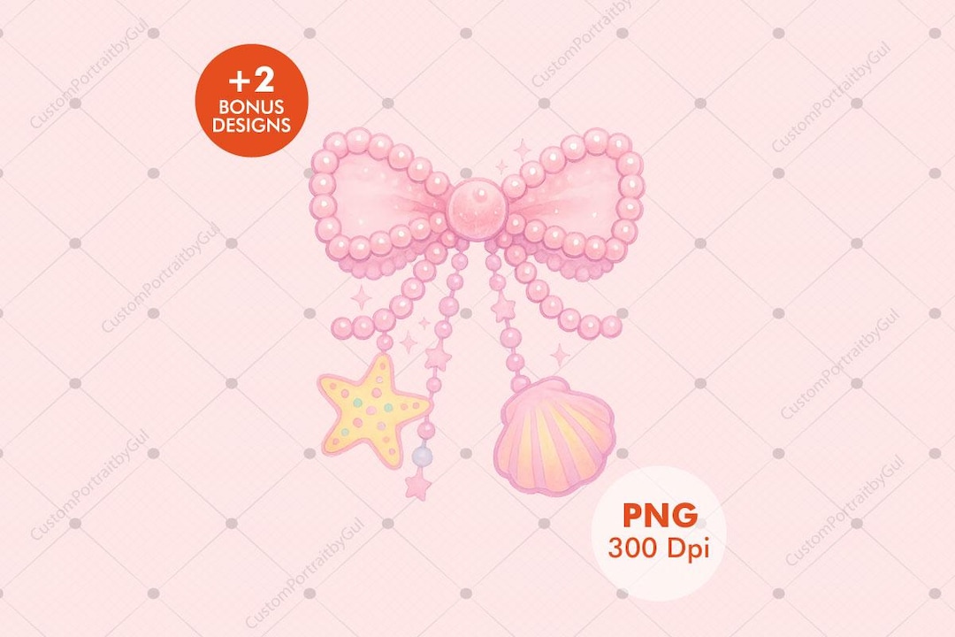 Pink Pearl Bow PNG With Seashell and Starfish | Cute Girly Watercolor ...