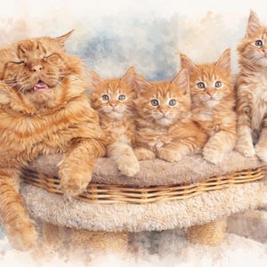 May include: A watercolour painting of a ginger cat and four kittens. The adult cat is lying down with its eyes closed and tongue out. The kittens are sitting on a woven basket with a beige cushion.