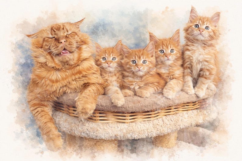 May include: A watercolour painting of a ginger cat and four kittens. The adult cat is lying down with its eyes closed and tongue out. The kittens are sitting on a woven basket with a beige cushion.