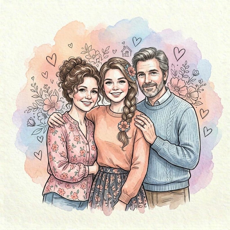 May include: Watercolor illustration of a family of three, smiling and embracing. The woman on the left wears a pink floral blouse, the woman in the middle wears an orange sweater and floral skirt, and the man wears a blue sweater.