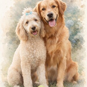 May include: A watercolour painting of a golden retriever and a goldendoodle sitting together on grass. The golden retriever has its tongue out. The goldendoodle has a blue bow. A yellow tennis ball is on the grass. The dogs are a light brown colour.