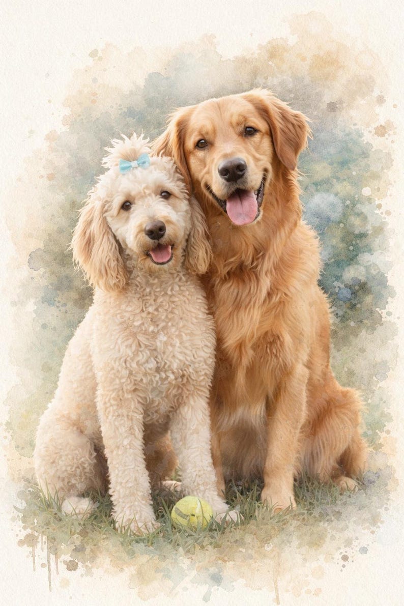 May include: A watercolour painting of a golden retriever and a goldendoodle sitting together on grass. The golden retriever has its tongue out. The goldendoodle has a blue bow. A yellow tennis ball is on the grass. The dogs are a light brown colour.